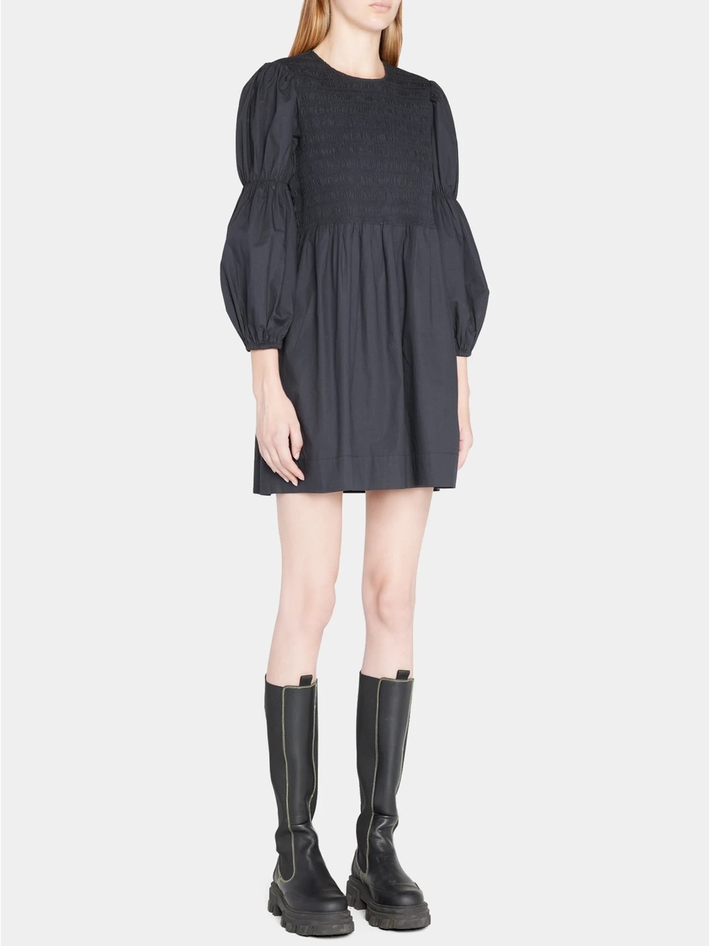 GANNI • black smocked poplin mini dress - Picture 5 of 5